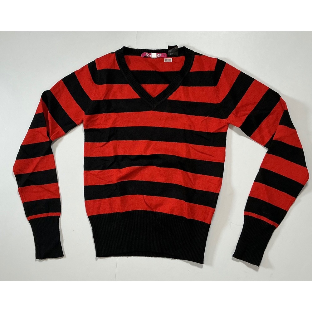 Halloween Striped V Neck Sweater Punk Grunge Goth Emo Alt Womens M Orange Black